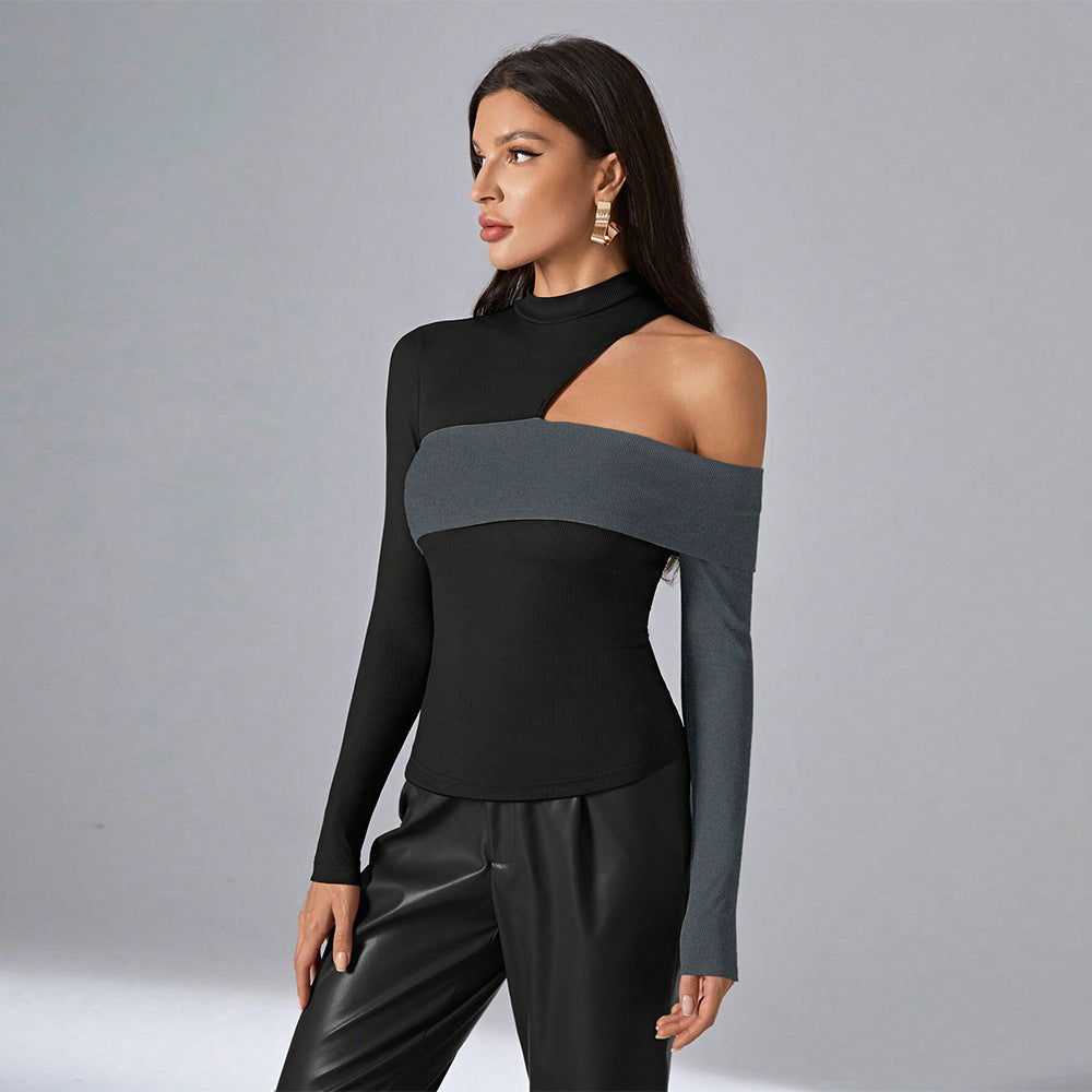 Women’s Autumn Winter New Asymmetrical Neckline Colorblock Top