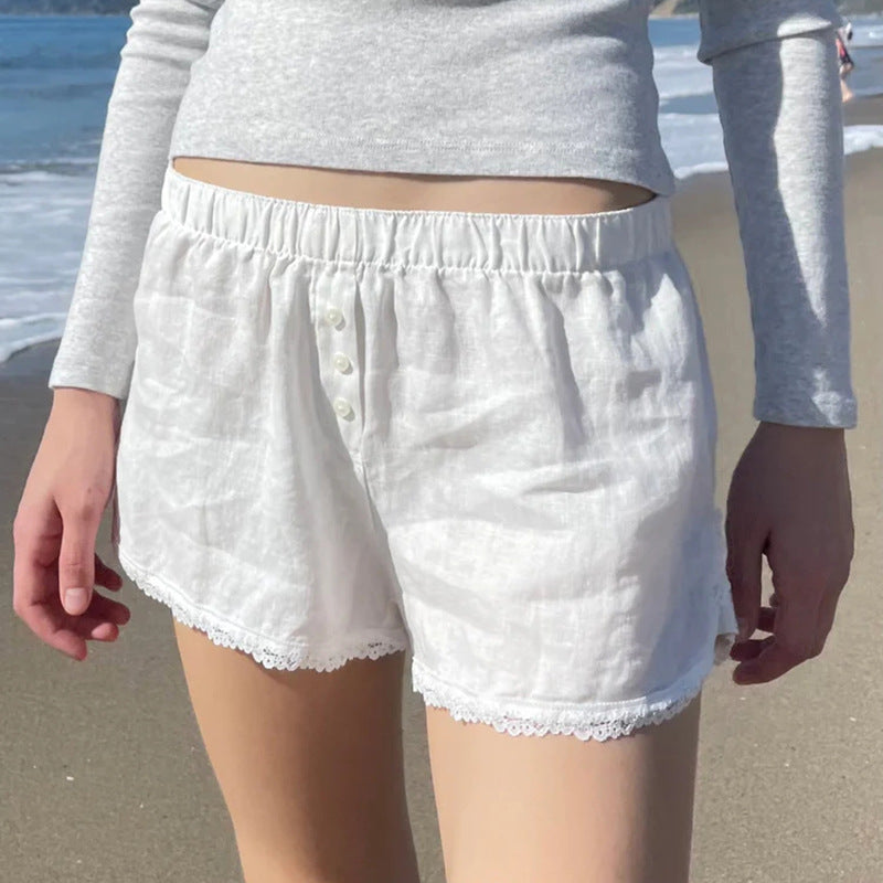 Spring/Summer Fresh Solid Color Button Lace Casual Shorts