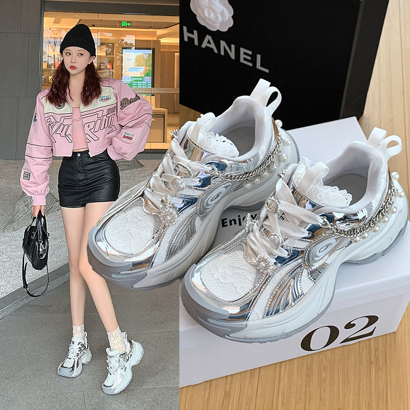 Lace Silver Chunky Sneakers for Women - 2024 New Fashion Pearl Mesh Lace-Up Turbine Casual Shoes