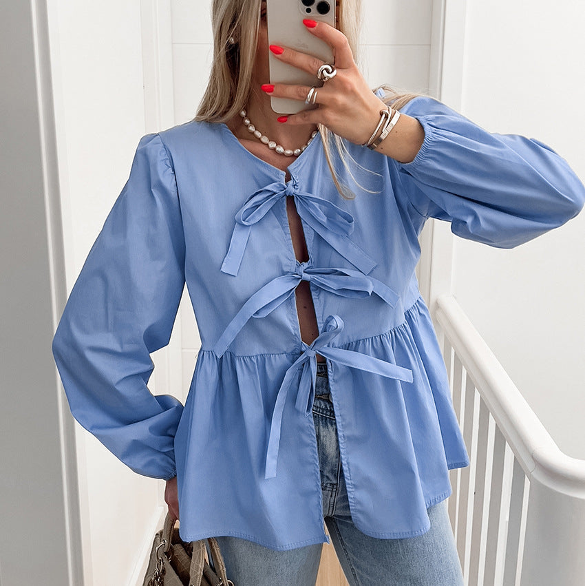 Women's Summer Casual Cotton Bow Tie Long Sleeve Shirt