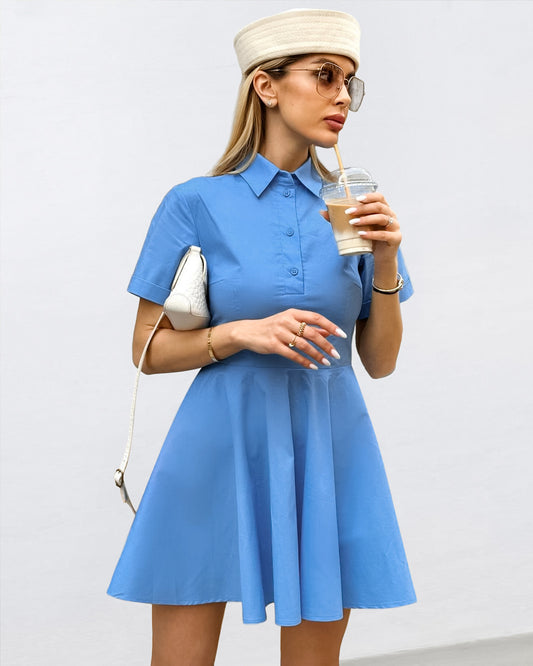 Women's Summer Casual Blue Street Style Short Sleeve Waist Cinching Shirt Dress