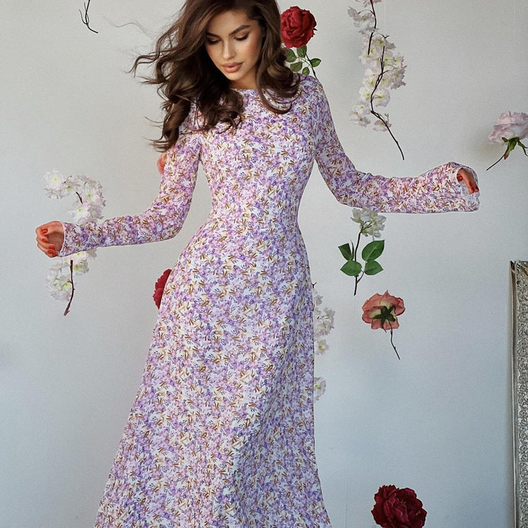 Women's New Floral French Maxi Dress with Round Neck