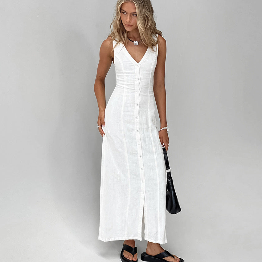 Women's Summer Sexy White V-Neck Cotton Split Sleeveless Dress