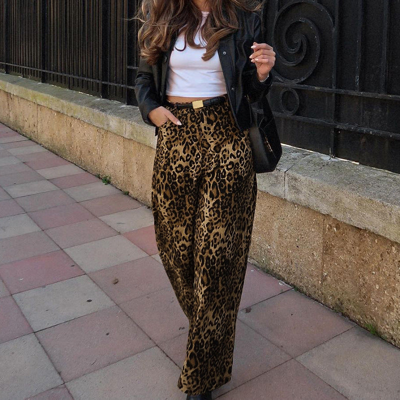 Summer Loose Fit Wide Leg Leopard Print Straight Pants