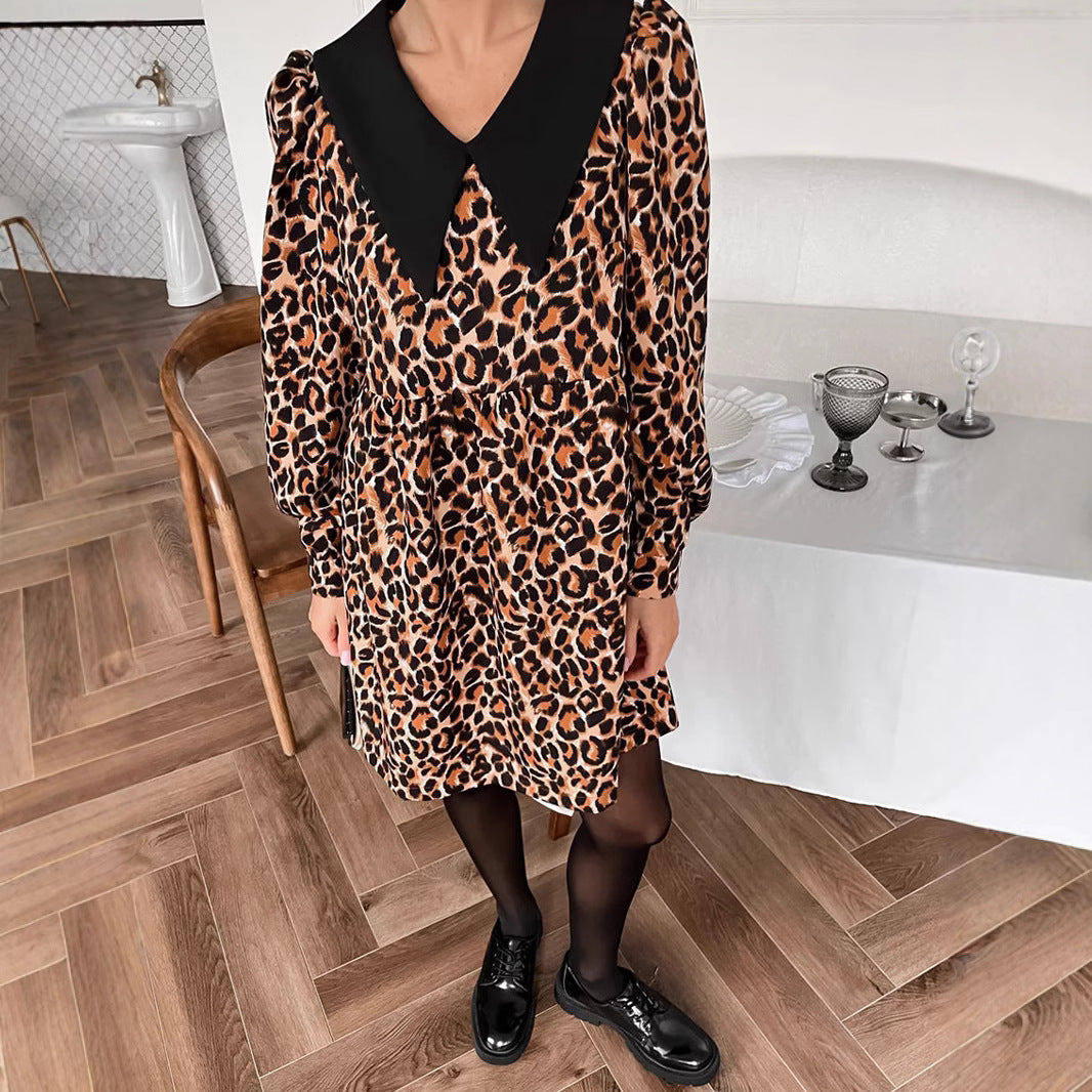 Women's Leopard Print Turn-Down Collar Long Sleeve Dress