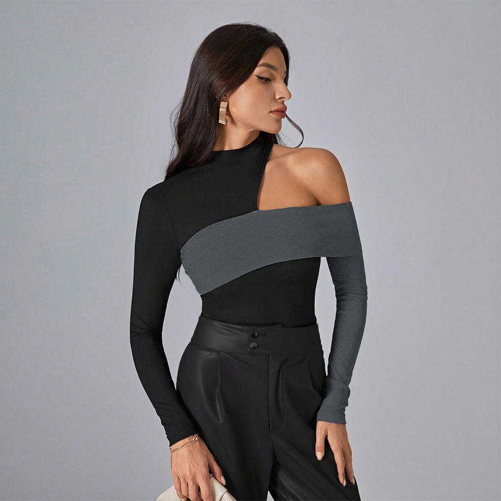 Women’s Autumn Winter New Asymmetrical Neckline Colorblock Top