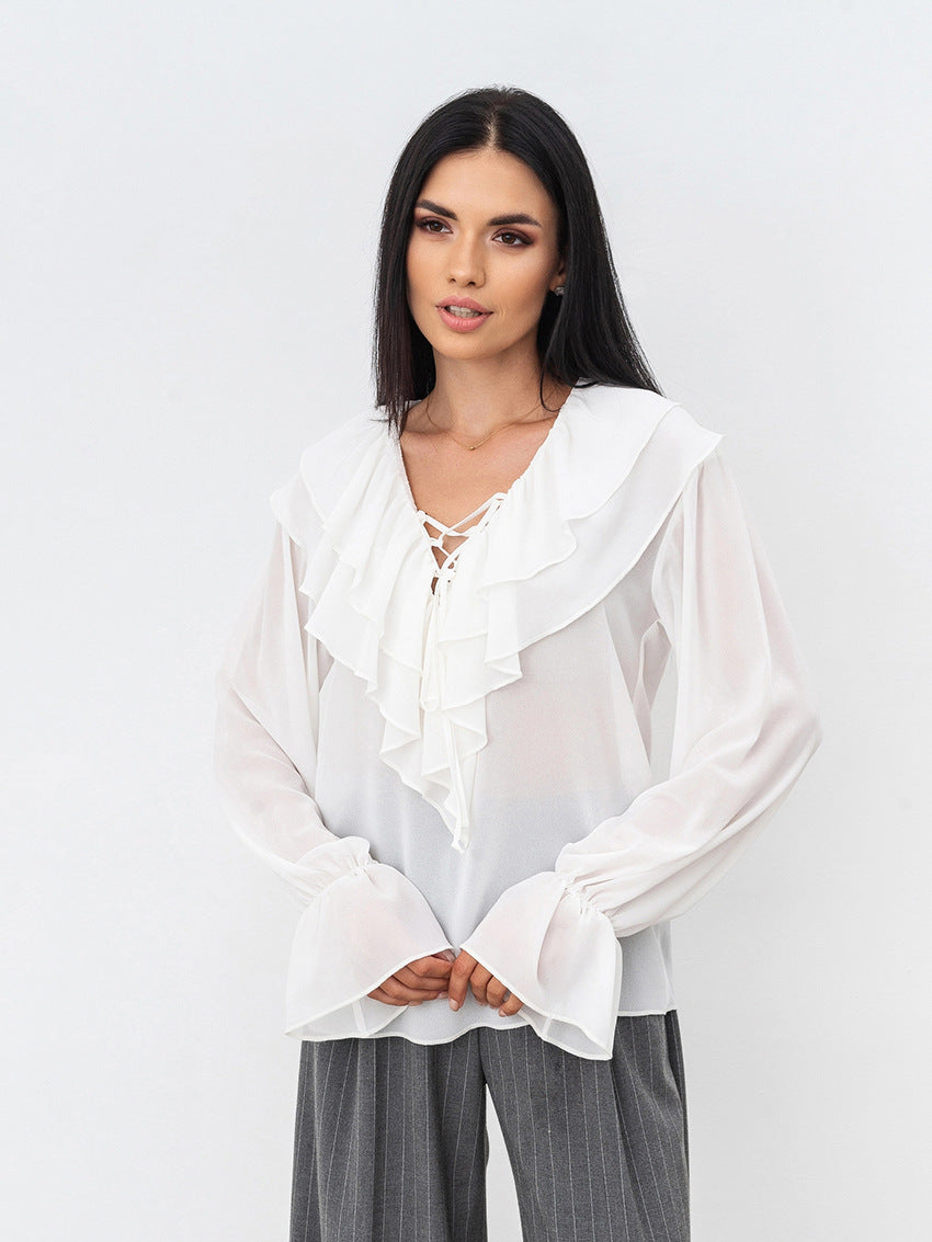 French Style White Chiffon V-Neck Tie Loose Women's Blouse