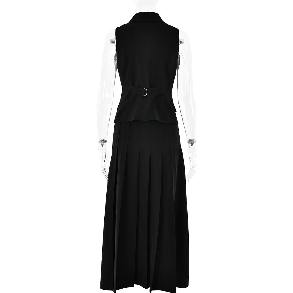 Elegant Long Dress Set - Sleeveless Vest with Pleated Maxi Skirt Two-Piece Outfit for Work, Party, Holiday, and Vacation Wear