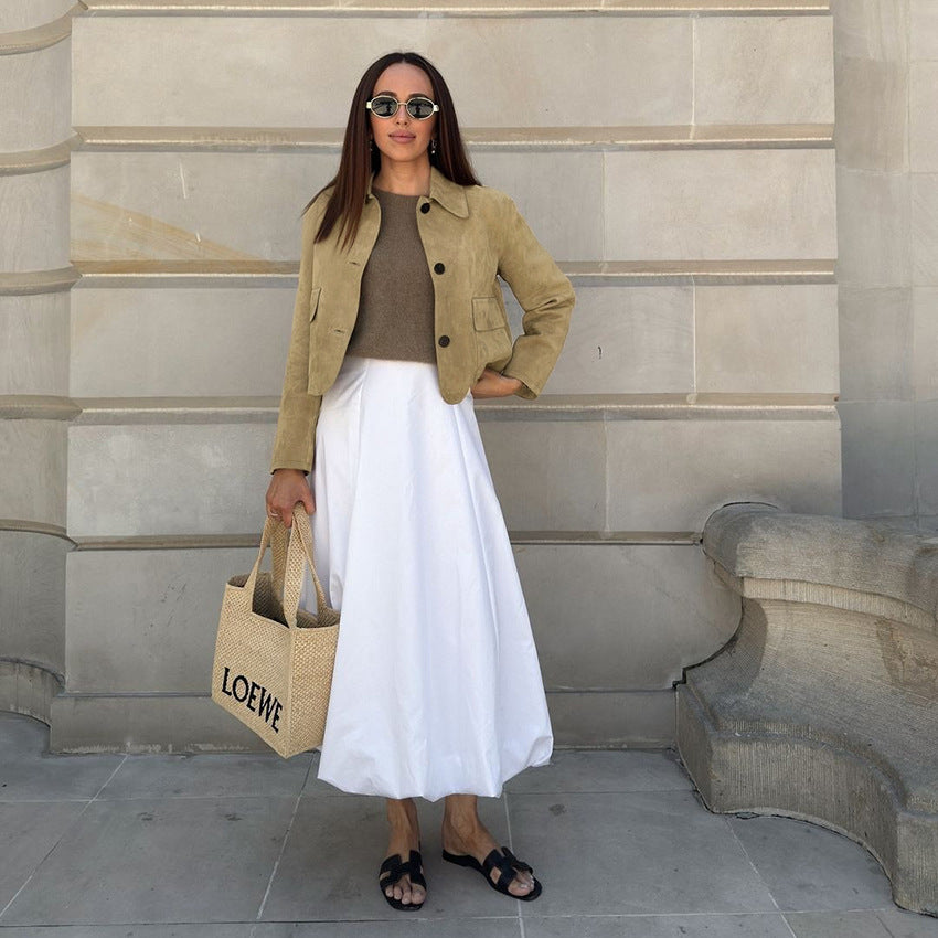 Women's Brown Suede Blazer - Fashionable Versatile Lapel Design