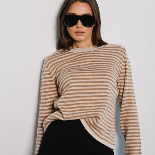 Women's Fashion Ribbed Color Block Striped Crew Neck Knit Sweater