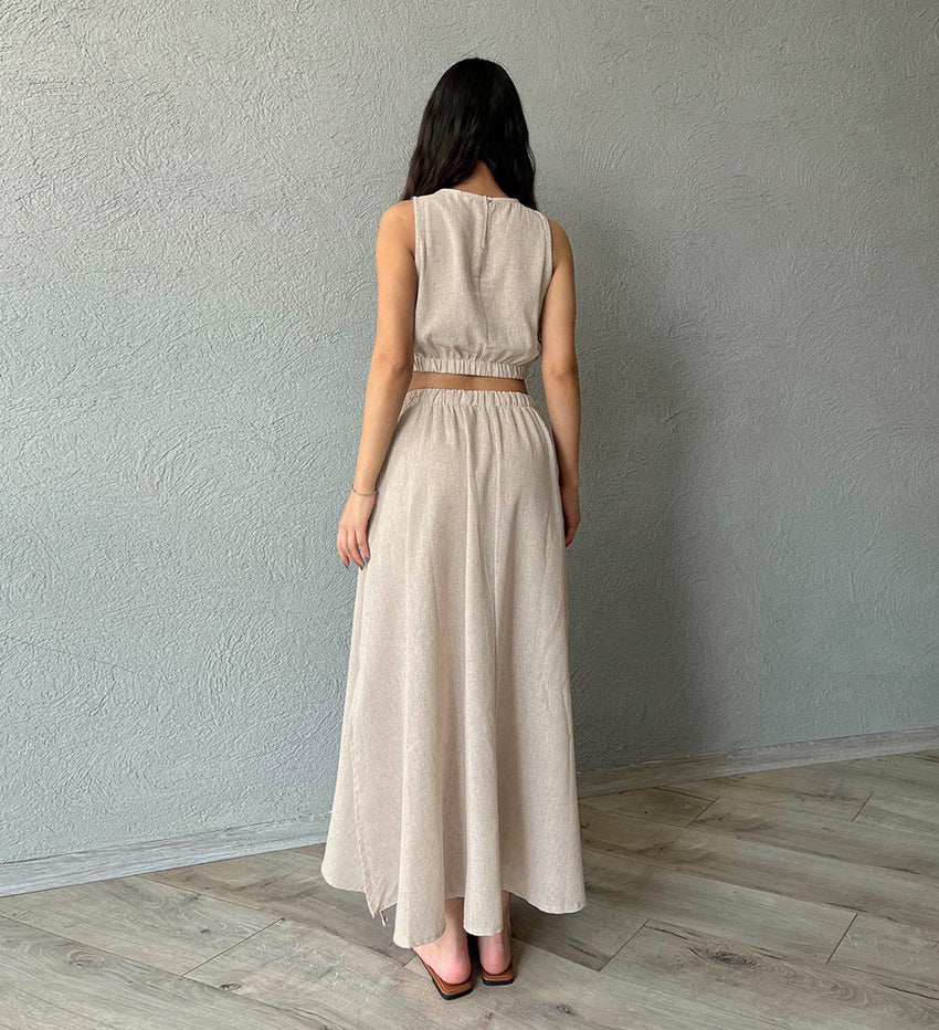 Women's Summer Casual Cotton Linen Crop Sleeveless Top and Sexy High-Slit Maxi Skirt Set