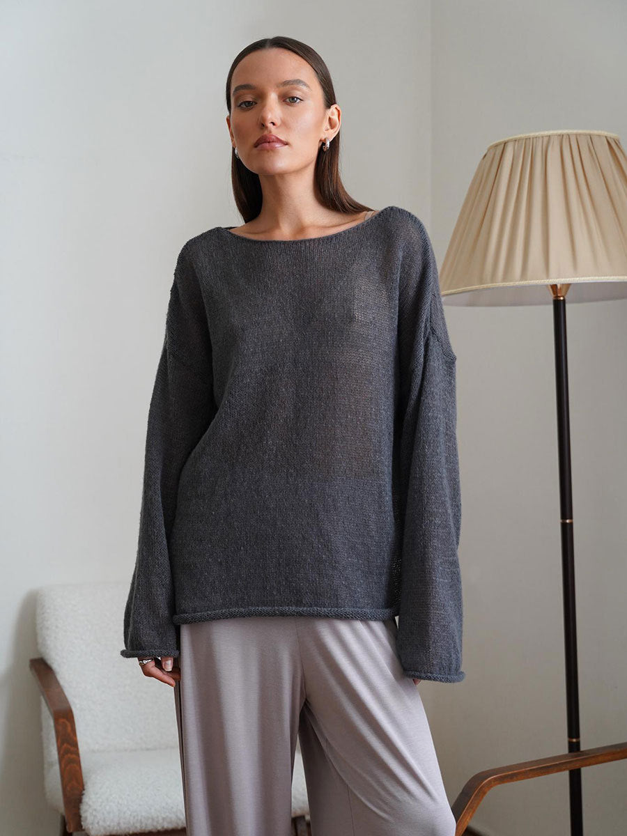 Women's Sheer Thin Knit T-Shirt with Flared Sleeves and Round Neck