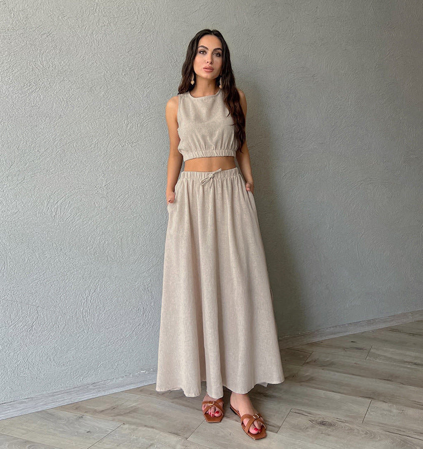 Women's Summer Casual Cotton Linen Crop Sleeveless Top and Sexy High-Slit Maxi Skirt Set