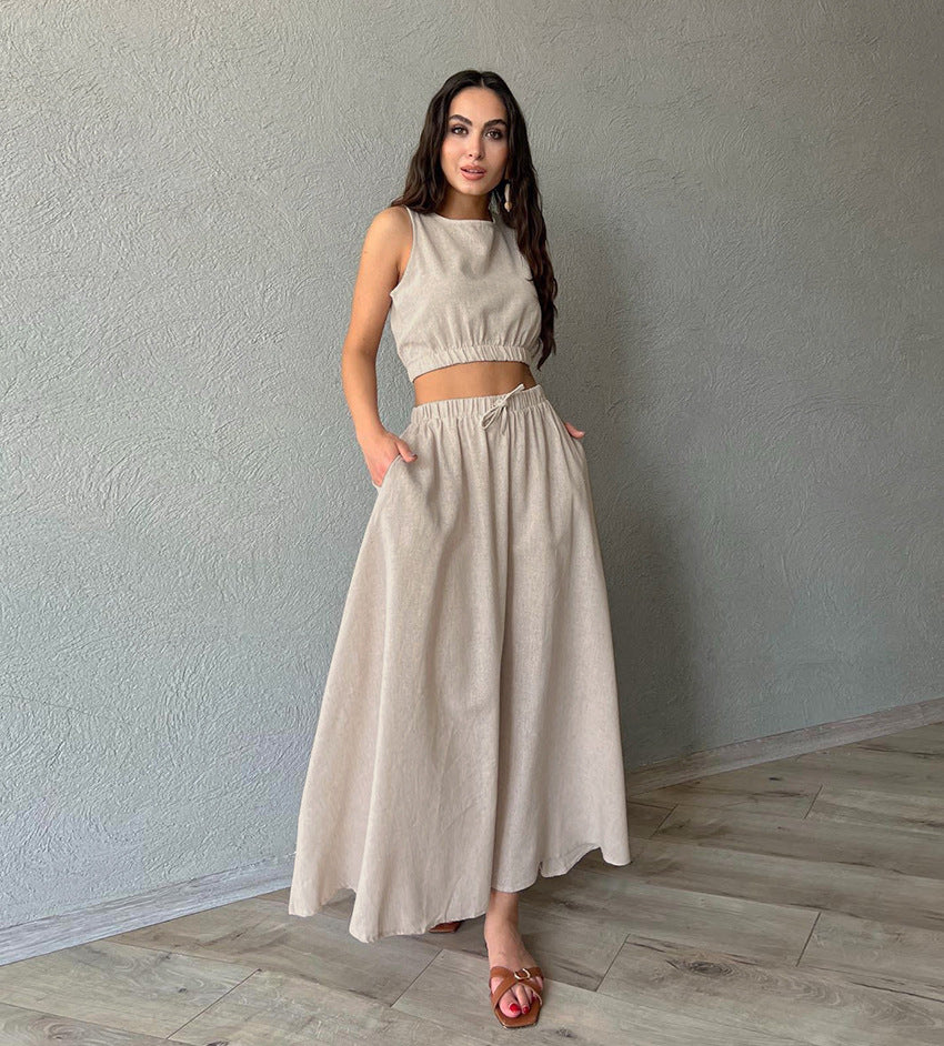 Women's Summer Casual Cotton Linen Crop Sleeveless Top and Sexy High-Slit Maxi Skirt Set