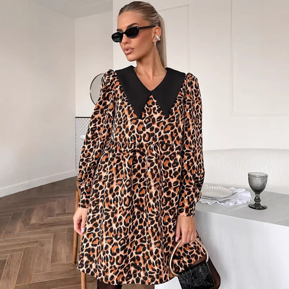 Women's Leopard Print Turn-Down Collar Long Sleeve Dress