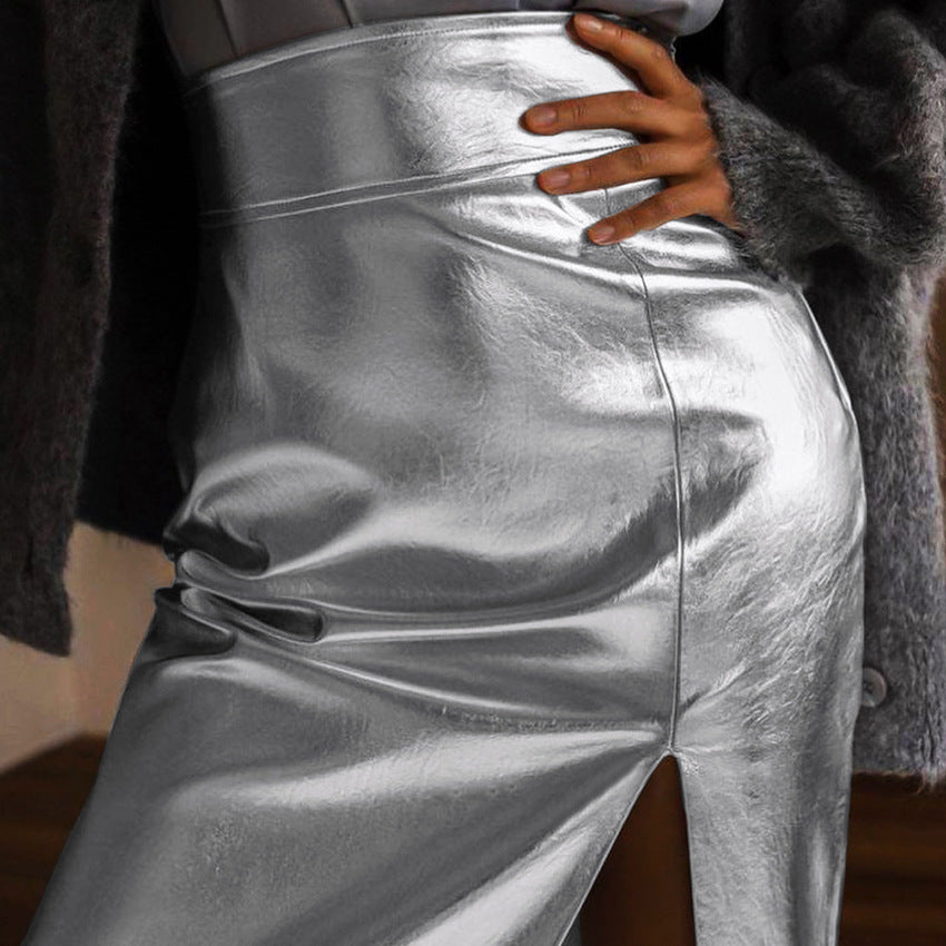 Silver Faux Leather Futuristic High-Waist Slit Bodycon Skirt