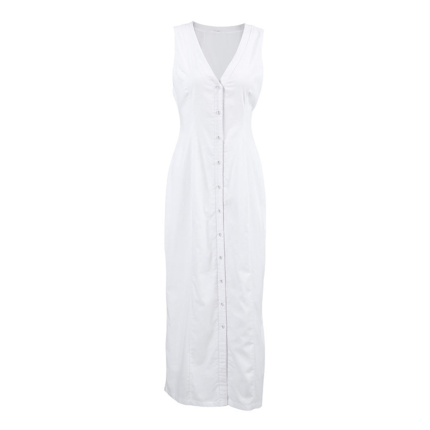 Women's Summer Sexy White V-Neck Cotton Split Sleeveless Dress