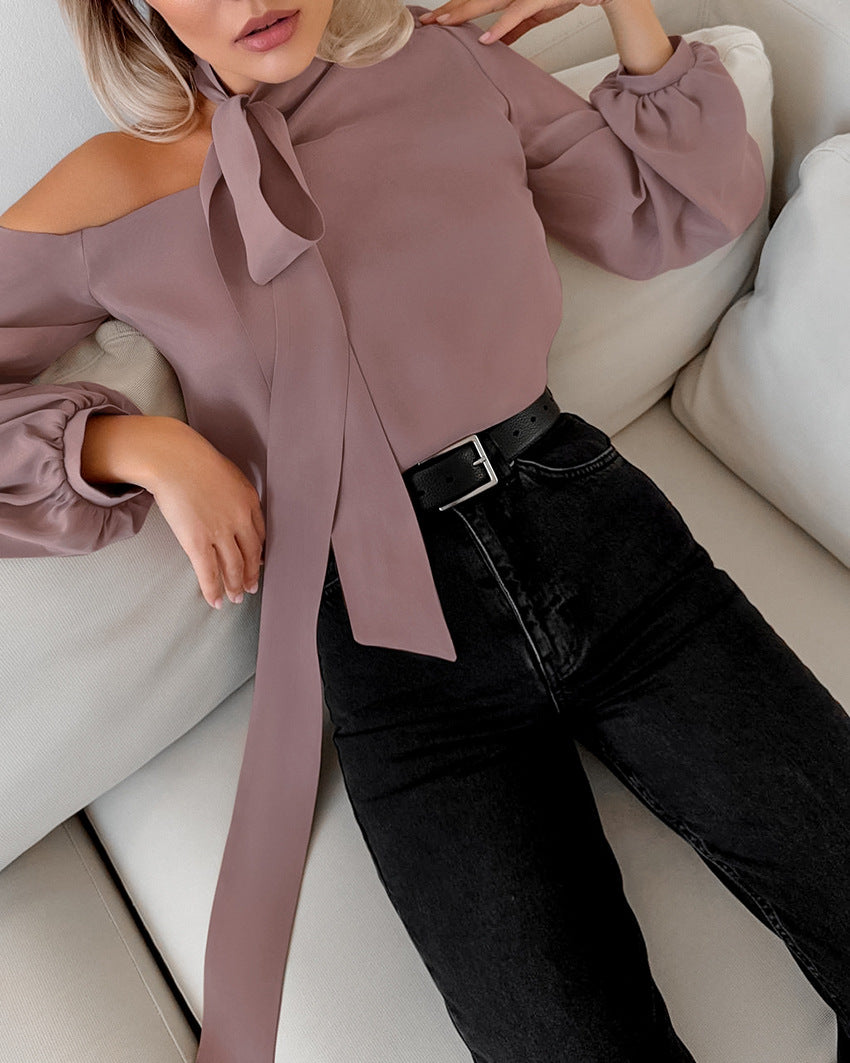 Women's Satin Asymmetrical Neckline Sexy Off-Shoulder Long Sleeve Shirt