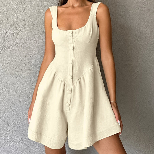 Women's Summer Khaki Cotton Linen Sleeveless Jumpsuit with Round Neck and Straps