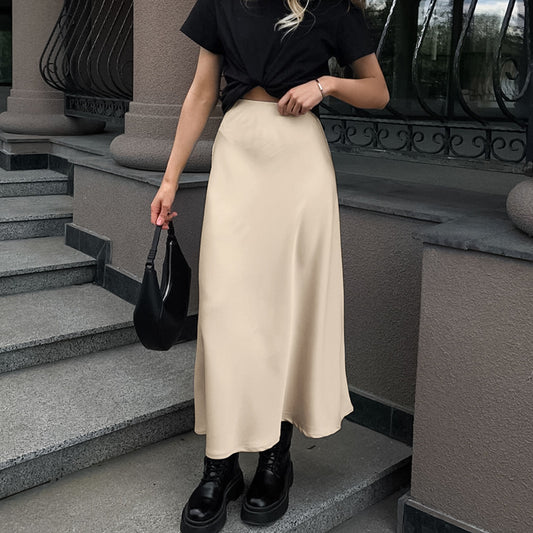 Women's Khaki Satin High-Waisted Versatile Midi Skirt