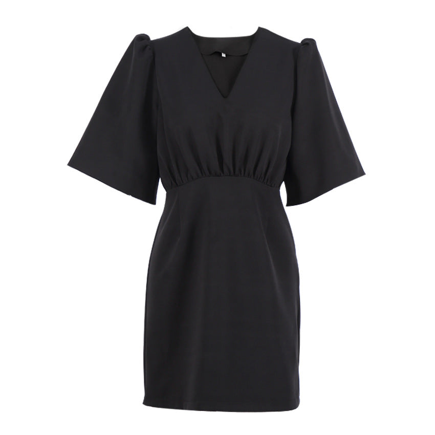 Black V-Neck Neck Puff Sleeve Dress