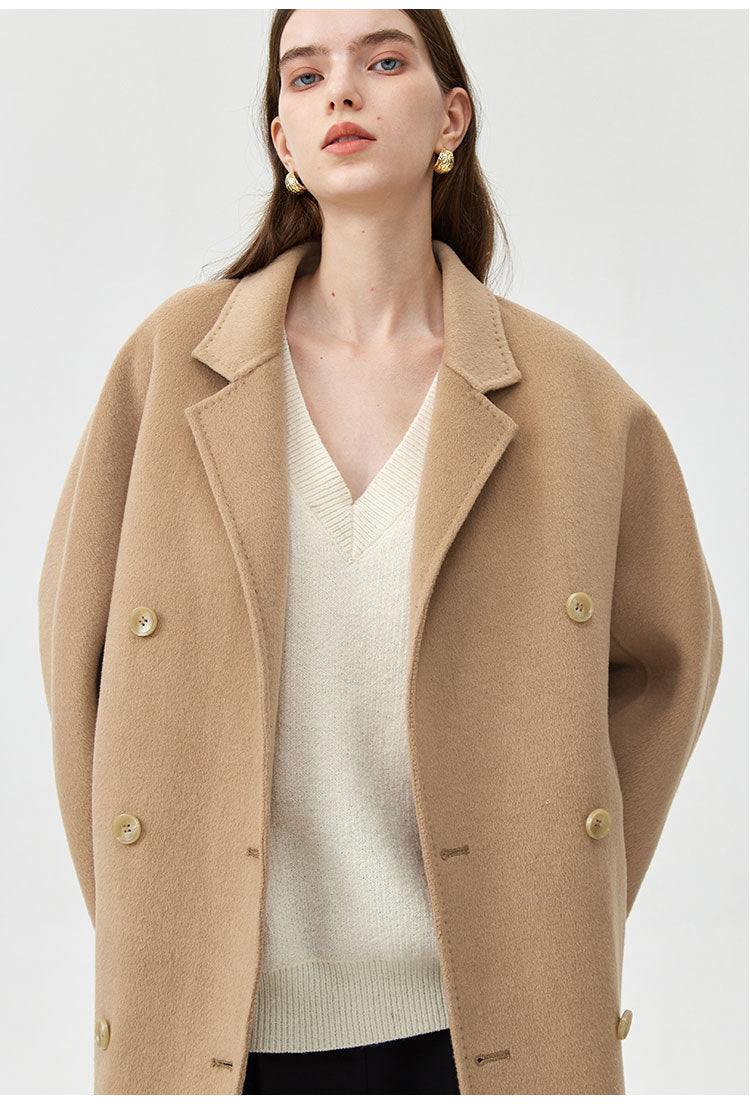 Women's loose double-breasted mid-length wool coat