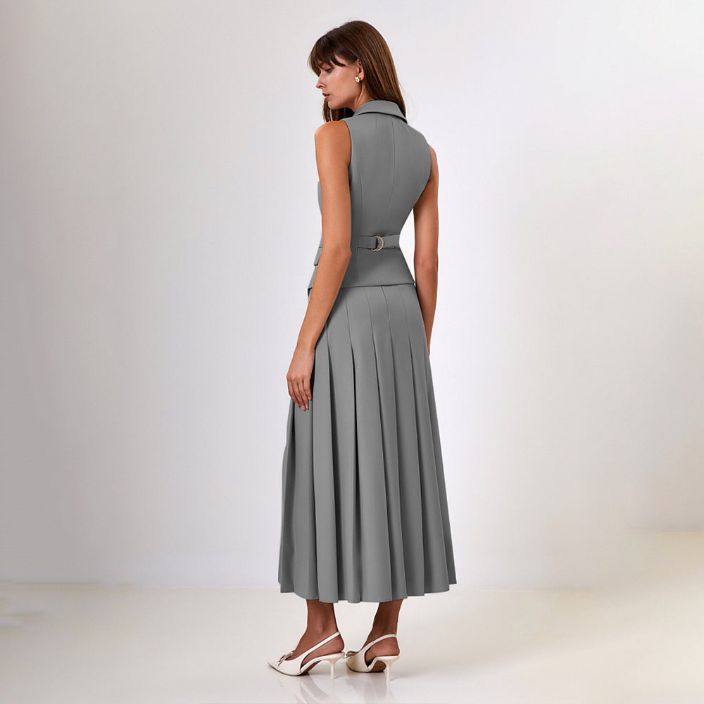 Elegant Long Dress Set - Sleeveless Vest with Pleated Maxi Skirt Two-Piece Outfit for Work, Party, Holiday, and Vacation Wear