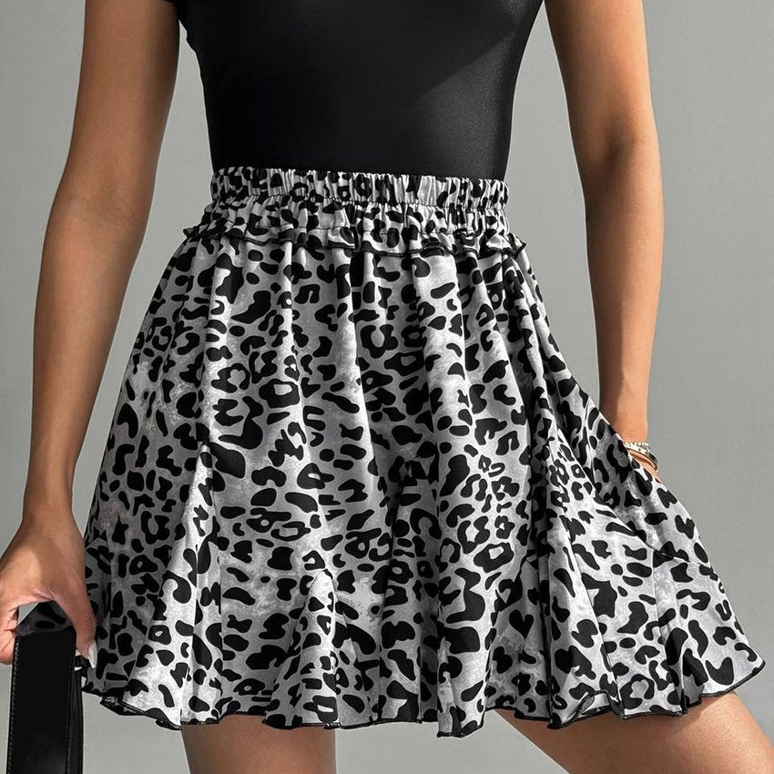 Women's Summer Sexy Leopard Print Ruffle Hem Elastic Waist Slimming Skirt