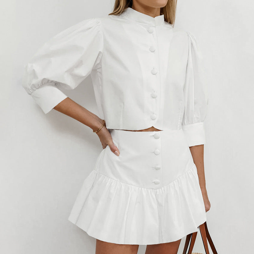 Women's Summer Cotton Linen White Mandarin Collar 3/4 Sleeve Blouse and High Waist Tight Skirt Set