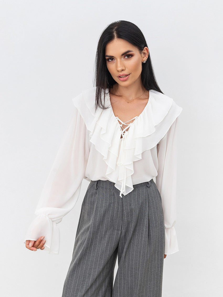 French Style White Chiffon V-Neck Tie Loose Women's Blouse