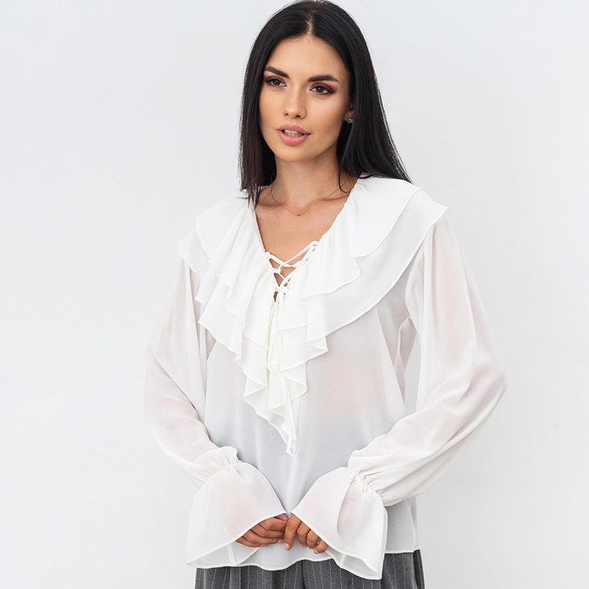 French Style White Chiffon V-Neck Tie Loose Women's Blouse