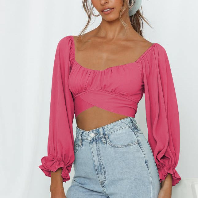 Women's Cute Off Shoulder Long Sleeve Self Tie Knot Crop Tube Top Blouse