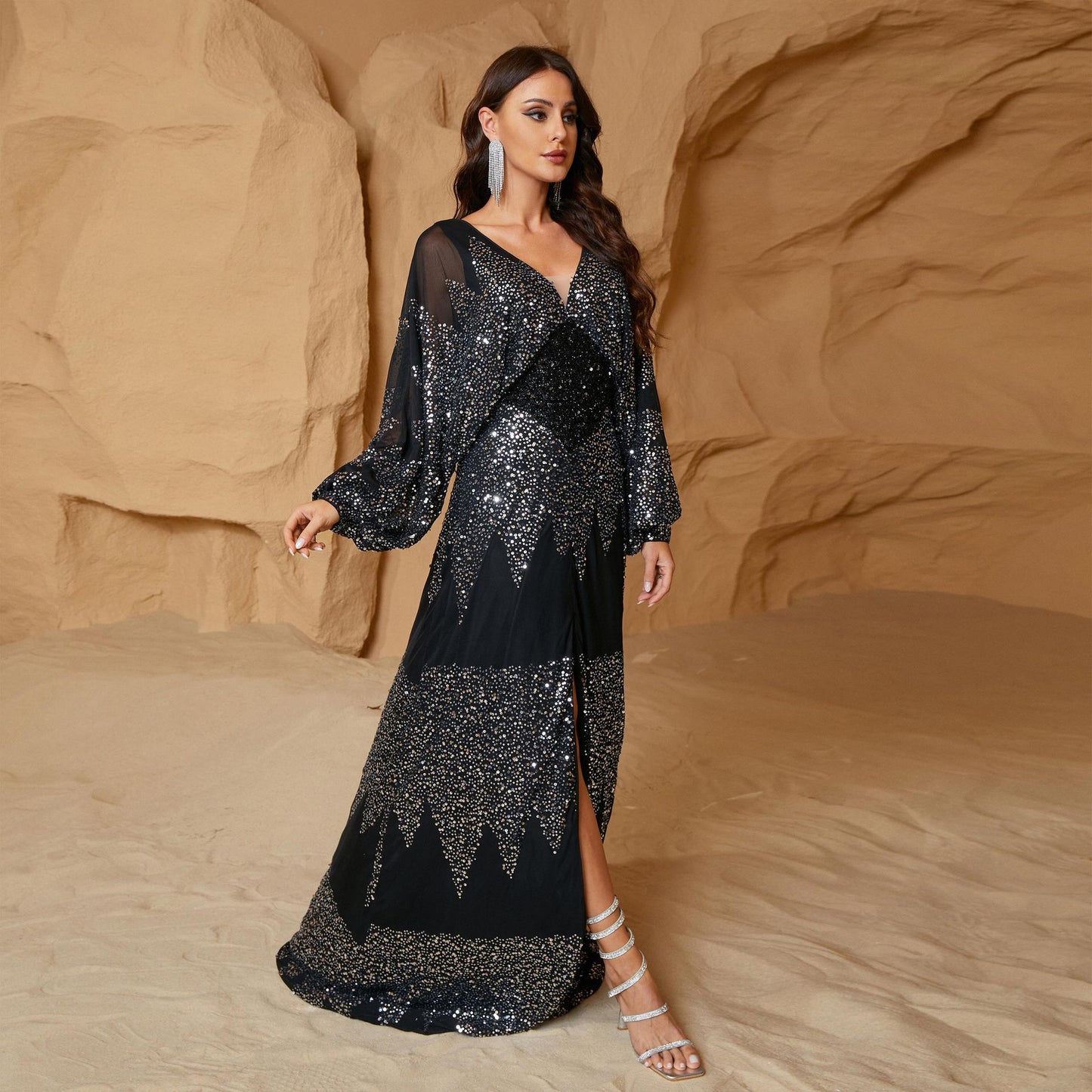 Women's Long Sleeve Chiffon V-Neck Slit Waist Sequin Dress