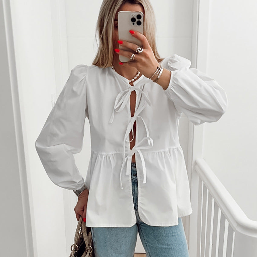 Women's Summer Casual Cotton Bow Tie Long Sleeve Shirt