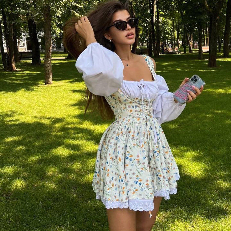 Women's Puff Sleeve Strapless Floral Midi Dress