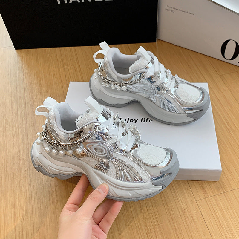 Lace Silver Chunky Sneakers for Women - 2024 New Fashion Pearl Mesh Lace-Up Turbine Casual Shoes