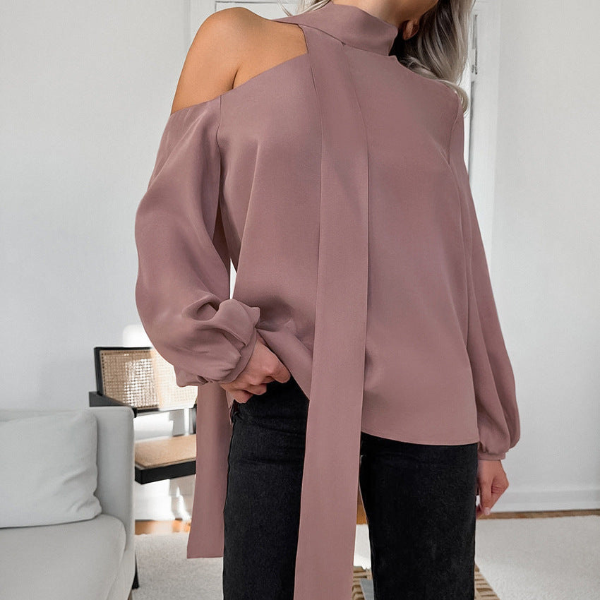 Women's Satin Asymmetrical Neckline Sexy Off-Shoulder Long Sleeve Shirt