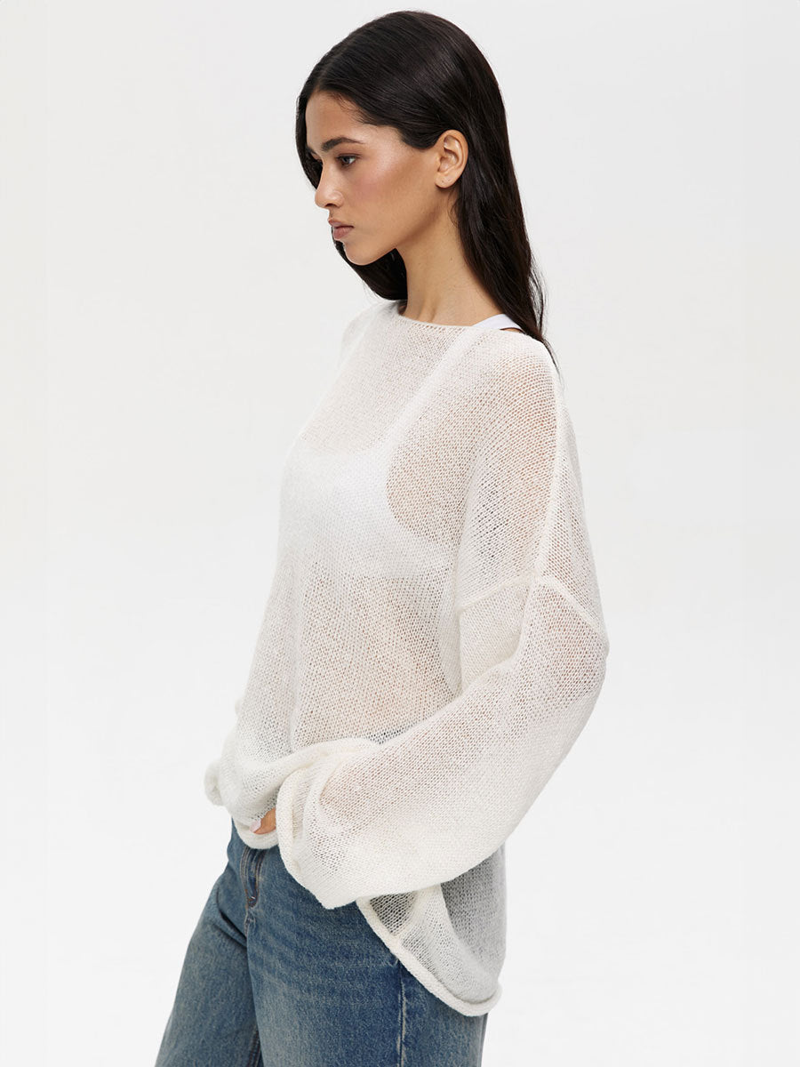 Women's Sheer Thin Knit T-Shirt with Flared Sleeves and Round Neck