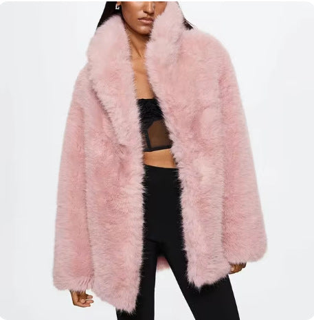 Women's Oversized Environmentally friendly Faux Fox Fur Coat with Large Lapel