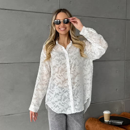 Women's White Jacquard Loose Long Sleeve Blouse