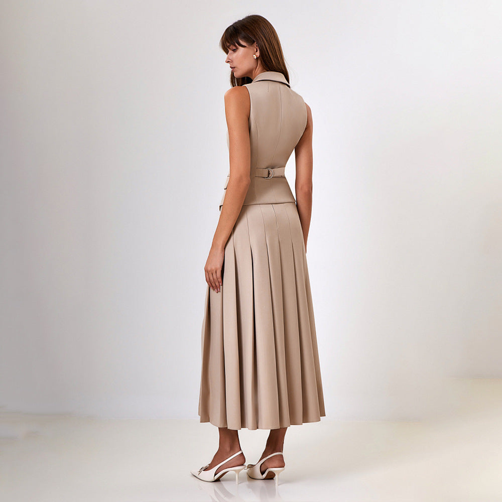 Elegant Long Dress Set - Sleeveless Vest with Pleated Maxi Skirt Two-Piece Outfit for Work, Party, Holiday, and Vacation Wear