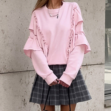 Women's Pink Loose Ruffle Long-Sleeve Sweatshirt