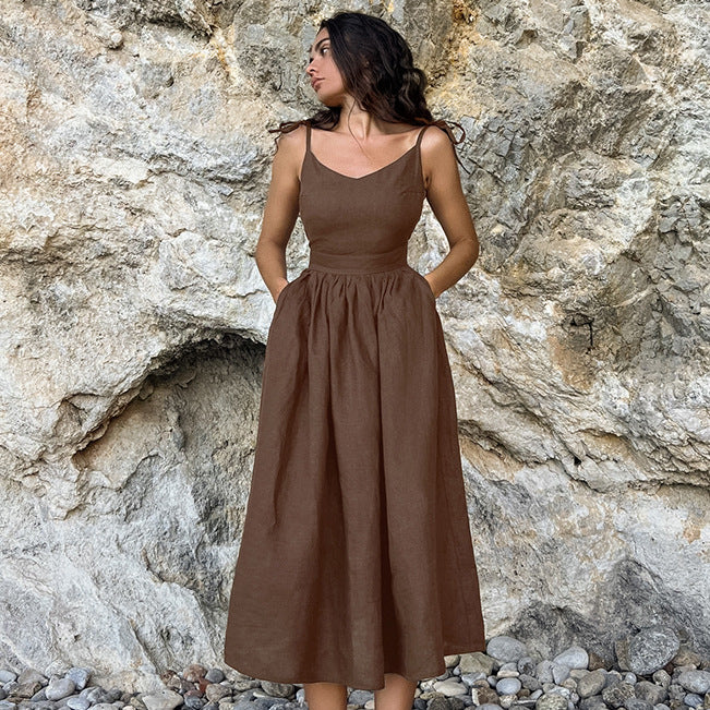 Fashionable and Comfortable Holiday Dress: Elegant French Khaki Color Midi Dress in Cotton Linen Material