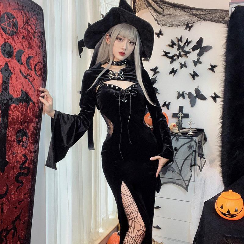 Women's Halloween Hooded Dress with Flared Sleeves and Spider Web Design