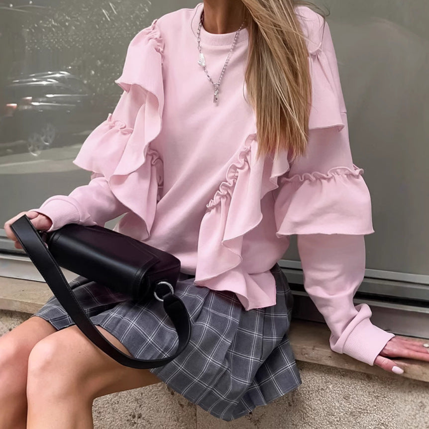 Women's Pink Loose Ruffle Long-Sleeve Sweatshirt