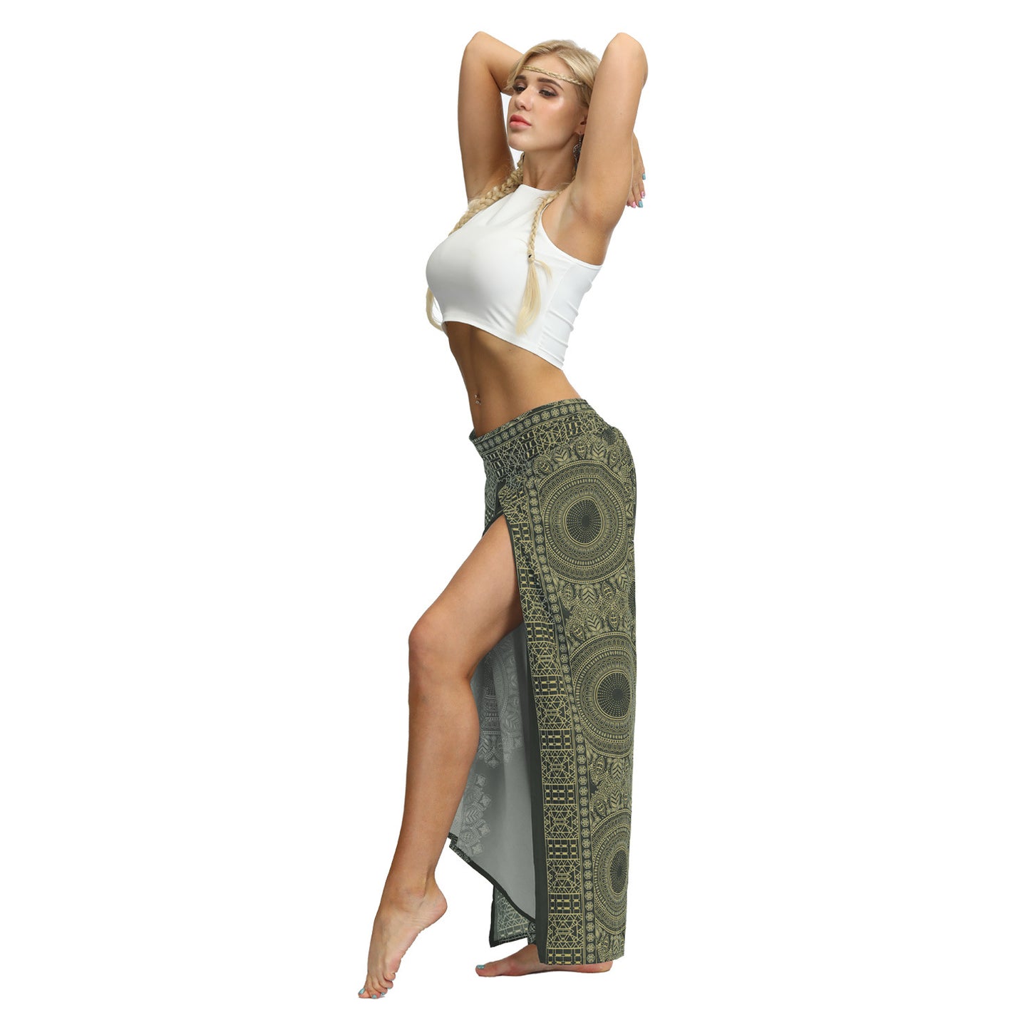 Geo Print Split Thigh Wide Leg Pants