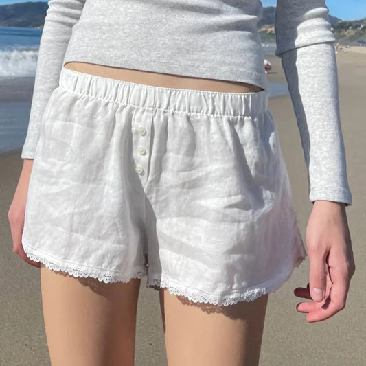 Spring/Summer Fresh Solid Color Button Lace Casual Shorts