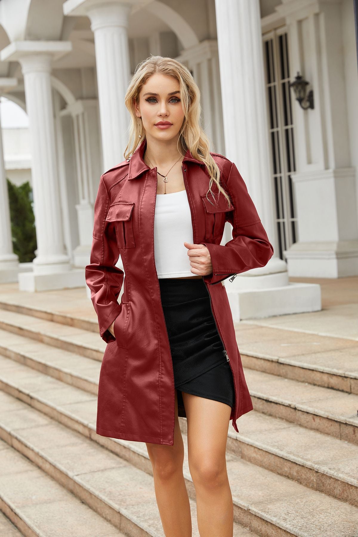 Women's Mid-Length Belted Faux Leather Long Sleeve Jacket with Zipper Design