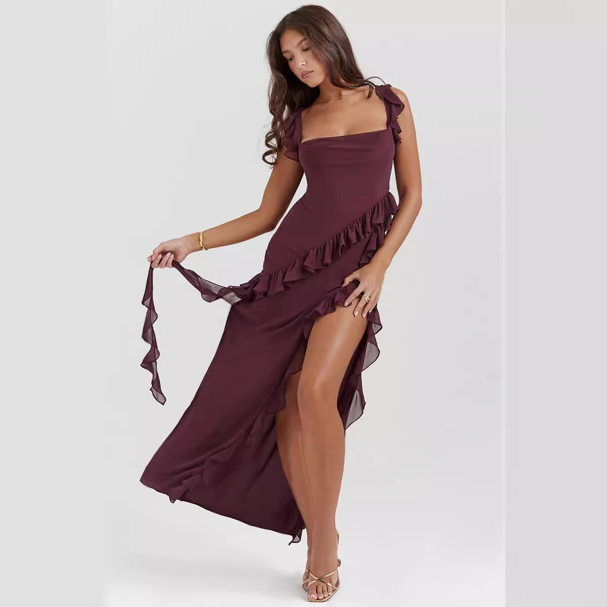 Women's Summer French Style Lace Trim Slit Strap Dress