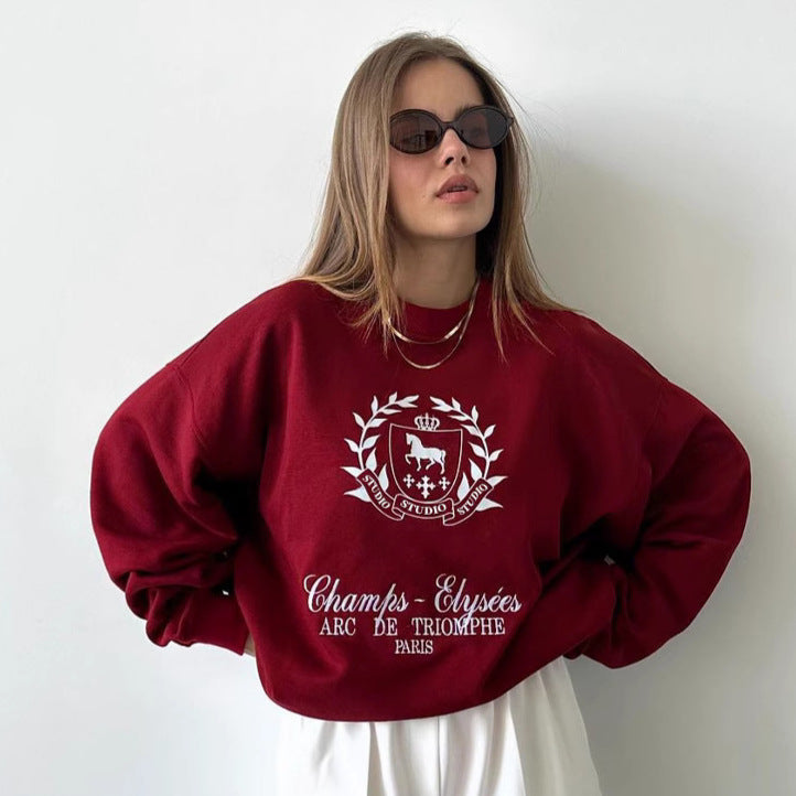 Women's Angora Red Crewneck Pullover Printed Sweatshirt